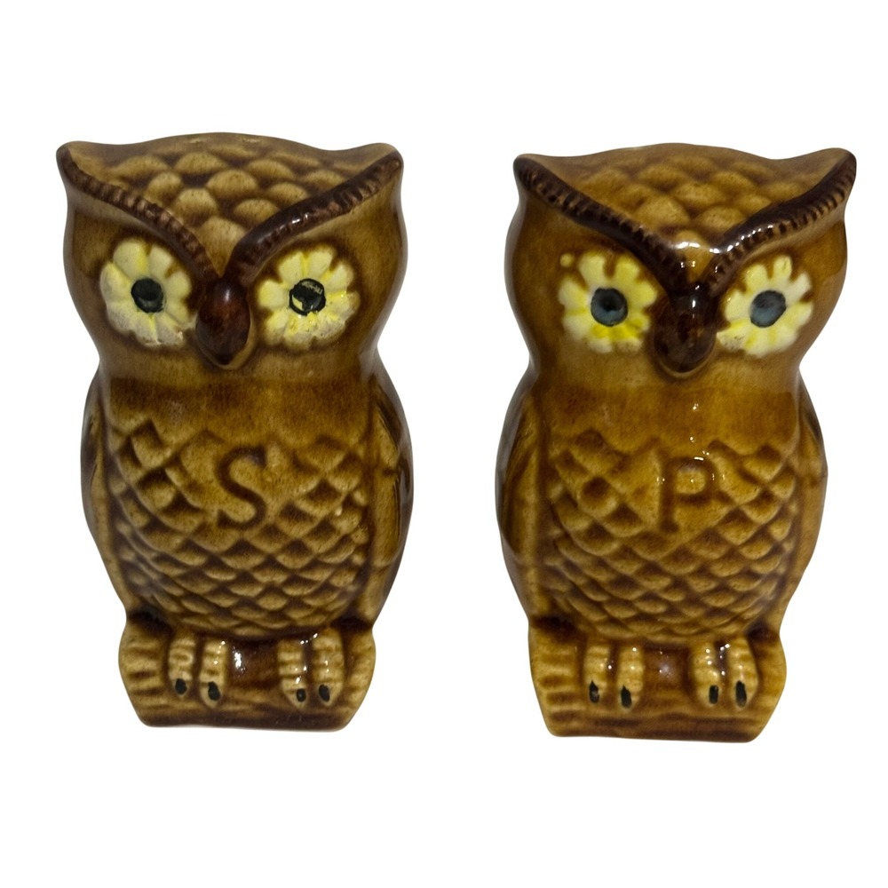 Vintage Brown Glazed Ceramic Owl Salt Pepper Shaker Set Taiwan 4" Owlcore